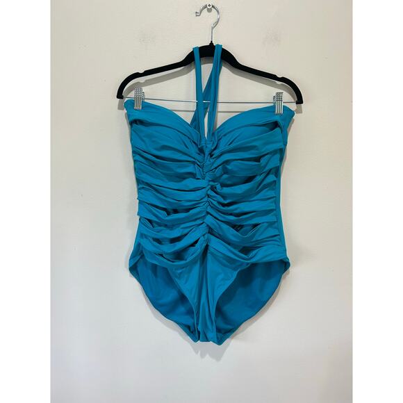 Spanx swim suit one piece size 18 turquoise front ruching adjustable halter - Picture 1 of 8